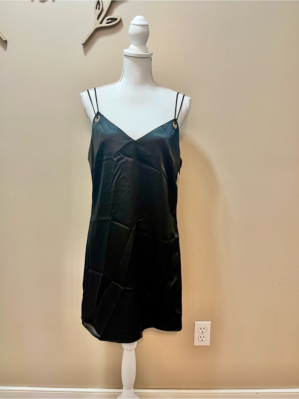 Topshop Black Satiny Slip Dress with Double Spaghetti Straps Size 8